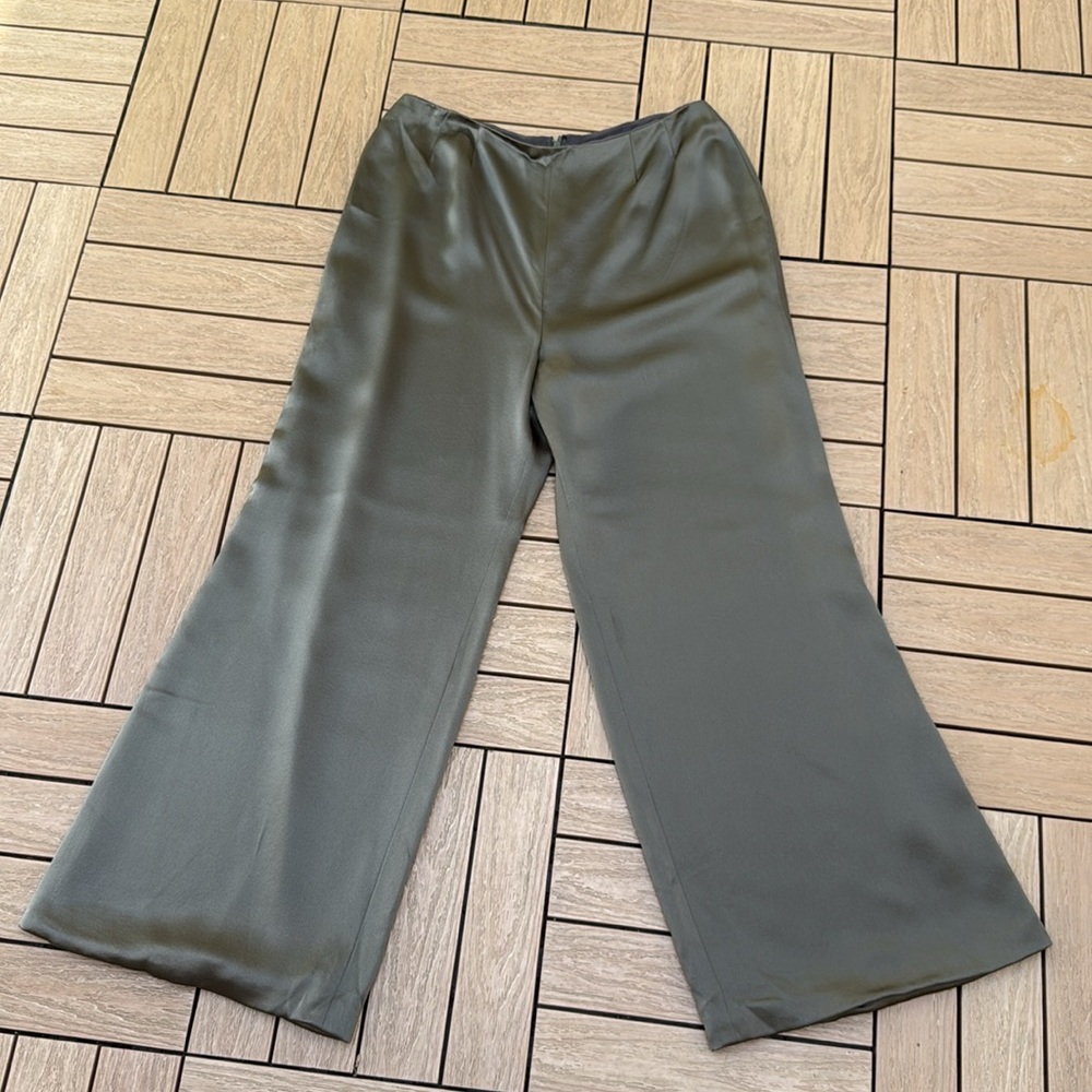 KEVAN HALL taupe green silk lined wide leg pants